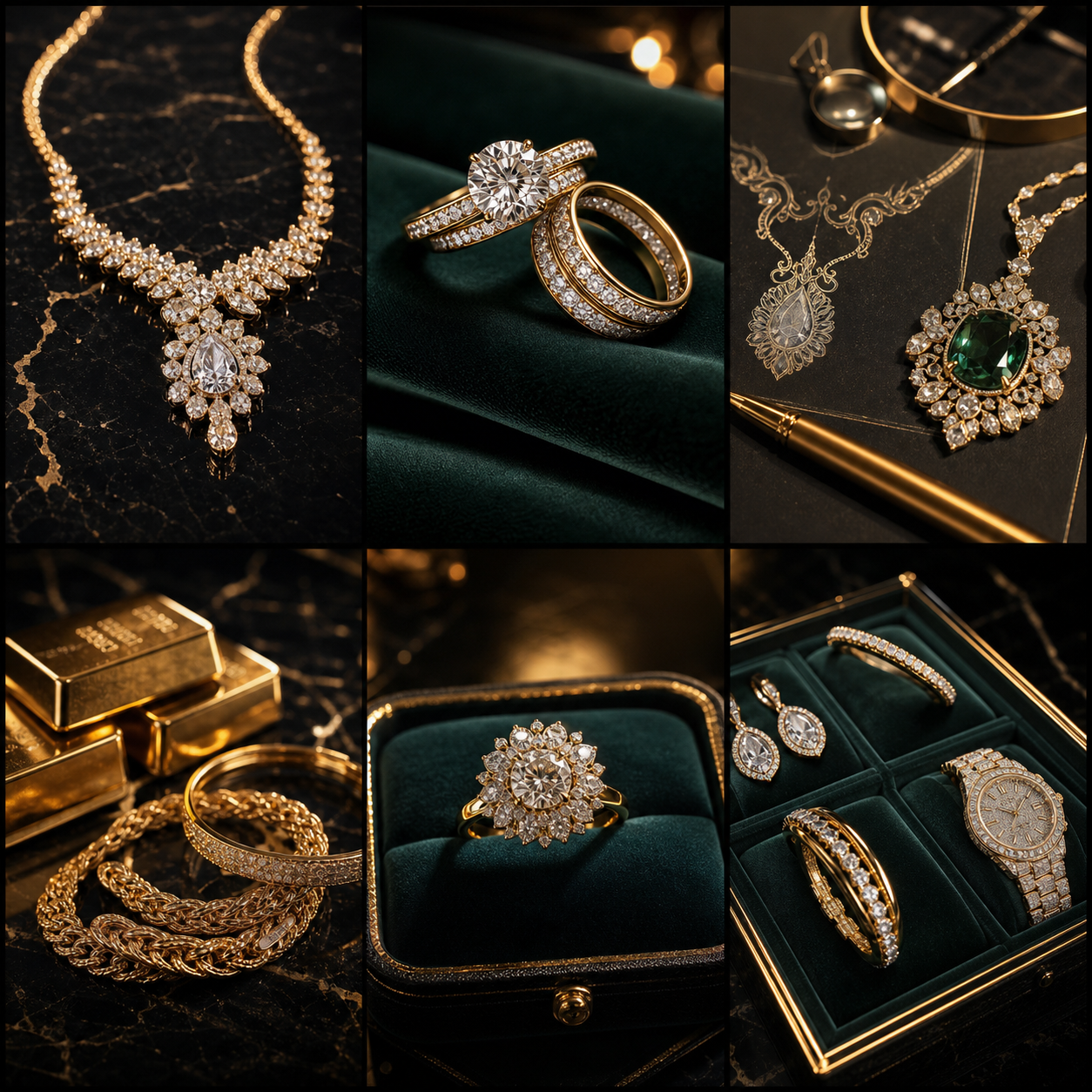 Luxury jewelry showroom in black marble and gold light